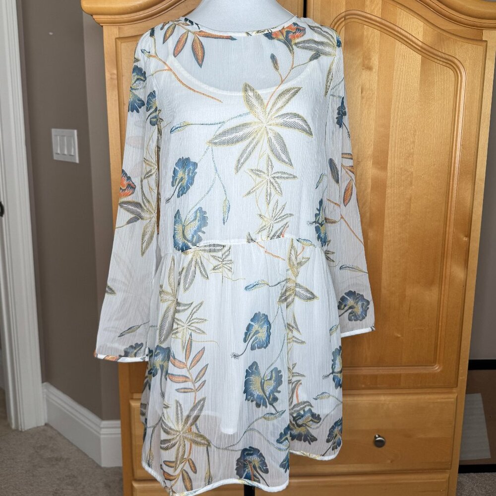 Roxy Amazing Wave Long Sleeve Sheer Ivory‎ Floral Long Sleeve Dress SZ 4